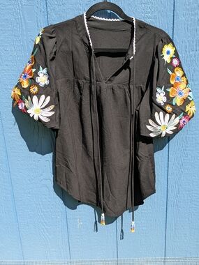 Embroidered Black Peasant Blouse with Floral Sleeves